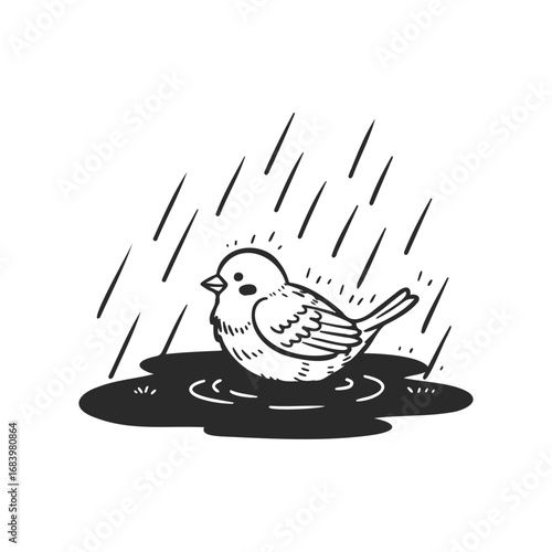 Cartoon bird enjoying rain in puddle