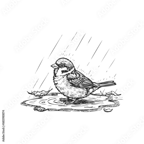 Sketch of a sparrow standing in a rain puddle