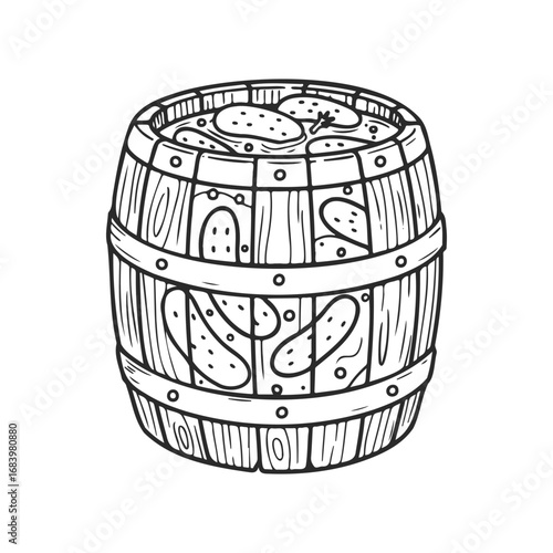 Hand-drawn wooden barrel filled with pickles illustration