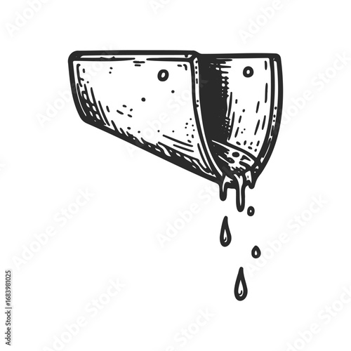 Vintage monochrome illustration of a water dripping gutter with drops