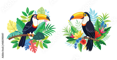 Vibrant tropical toucan bird perched on branch vector art design illustration