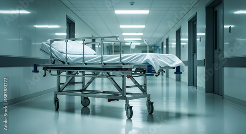 A sterile hospital corridor with a patient gurney positioned in the foreground, illuminated by overhead fluorescent lights.