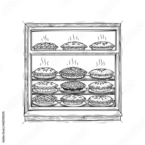 Hand-drawn display of freshly baked pies in a rustic pie case
