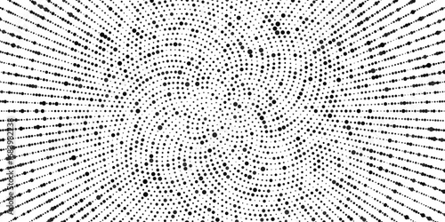 A monochrome abstract background with a dynamic swirl pattern. The geometric illustration shows a radial burst of dots and lines creating a hypnotic visual effect.