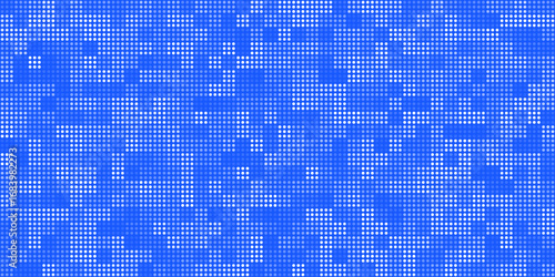 A blue pixel background with a glowing square pattern. The abstract illustration has a digital mosaic texture, creating a modern tech effect.