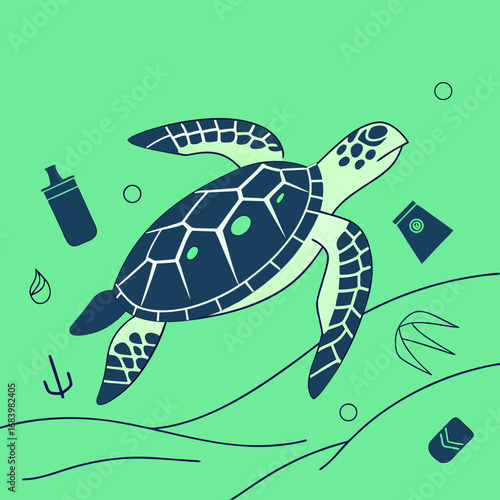 Sea turtle swimming in ocean with plastic waste surrounding it