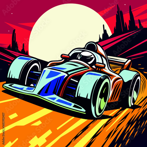 Racing car speeding through a vibrant, stylized desert landscape