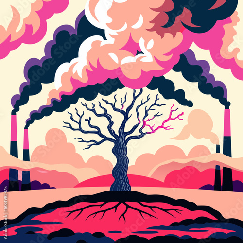 Pollution contrasts with stark beauty of a tree in a vibrant landscape