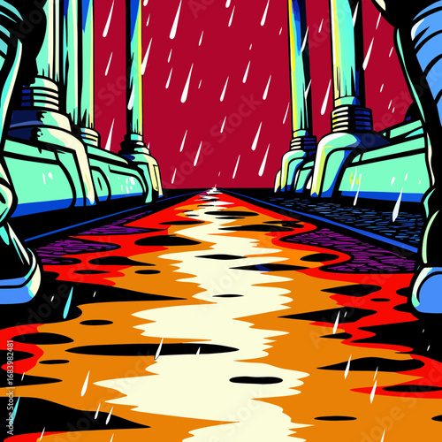 Vibrant pathway under rain with columns in the background