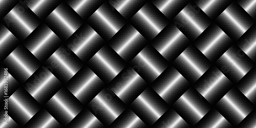 A dark, geometric background with a diagonal pattern of abstract squares. The three dimensional surface has light and shadow gradients, creating a metallic texture.