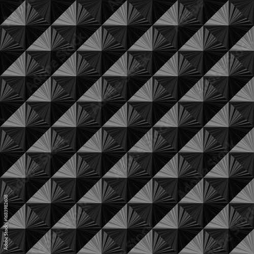 A dark, geometric background with a diagonal pattern of abstract pyramid shapes. The textured surface creates a three dimensional effect with shadow and light play.