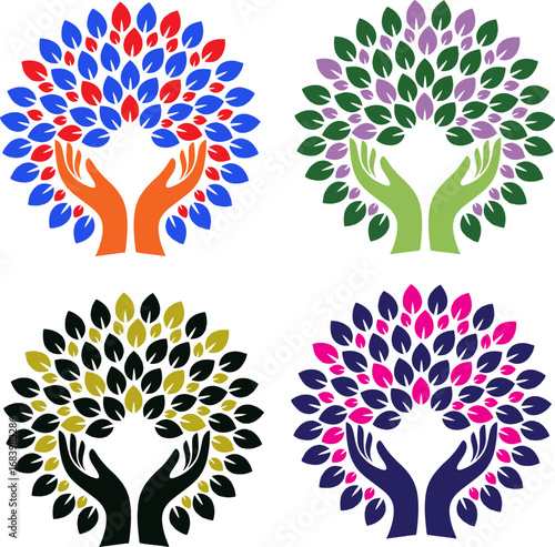 Nurturing Nature's Embrace: An artistic quartet of tree-like designs, where open hands cradle vibrant foliage, symbolizing environmental harmony.