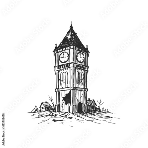 Sketch of iconic clock tower with rustic surroundings