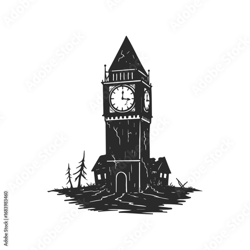Silhouette of a dilapidated clock tower with cracked walls and surrounding trees