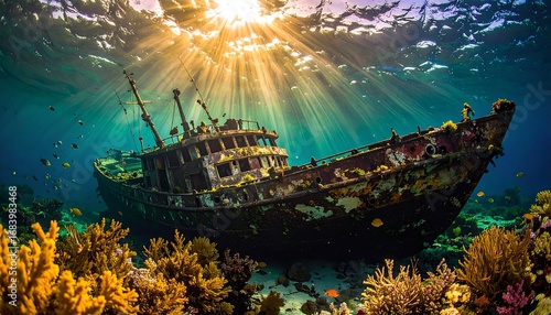 Sunlit shipwreck amongst coral reef