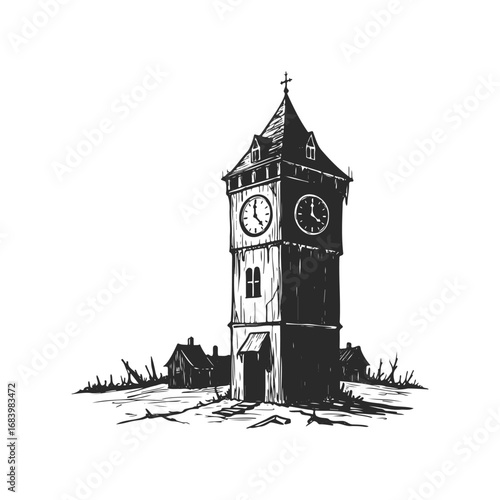 Vintage clock tower in rustic village illustration with overcast sky