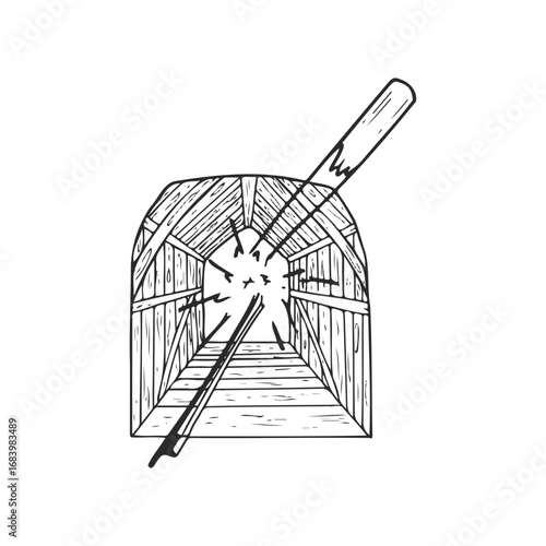 Rustic barn structure with exploding bat illustration in black and white ink style
