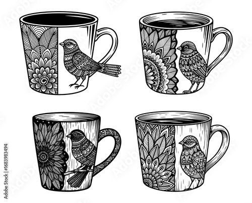 Vector art of four decorative coffee mugs with intricate patterns and a small bird perched on each one, presented in a charming illustration