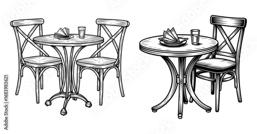Vector art of sketch of two round cafe tables with chairs, one table set for two with drinks and napkins