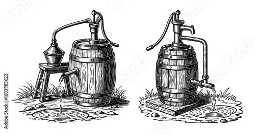 Vector art of two vintage wooden barrels with hand pumps, one connected to a distillation apparatus