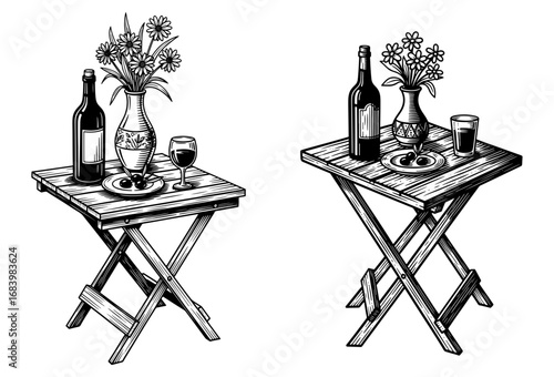 Vector art of handdrawn illustration of two small folding tables with wine bottles, glasses, and flowers, perfect for outdoor dining
