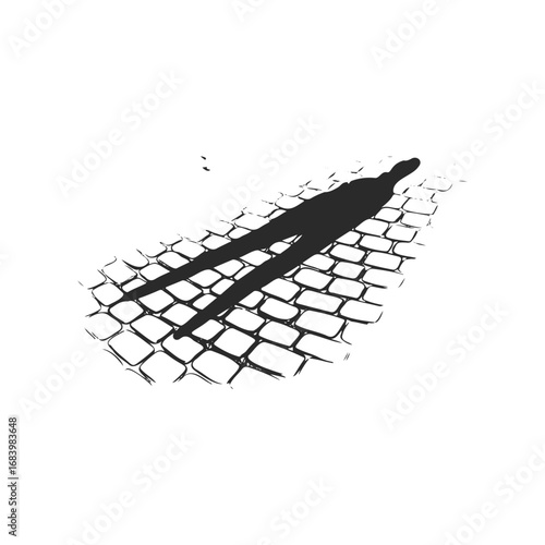 Silhouette of person on patterned cobblestone with extended shadow