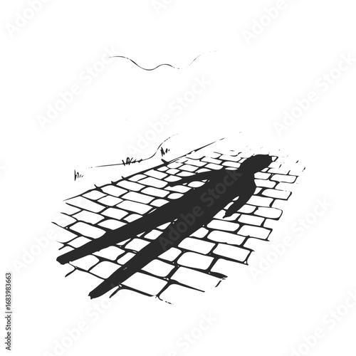 Silhouette of person on cobblestone path with birds in sky illustrating solitude