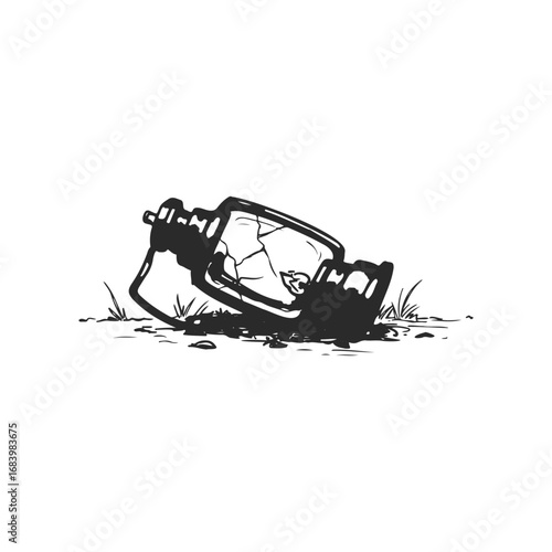 Shattered vintage lantern on ground with grass illustration in black and white