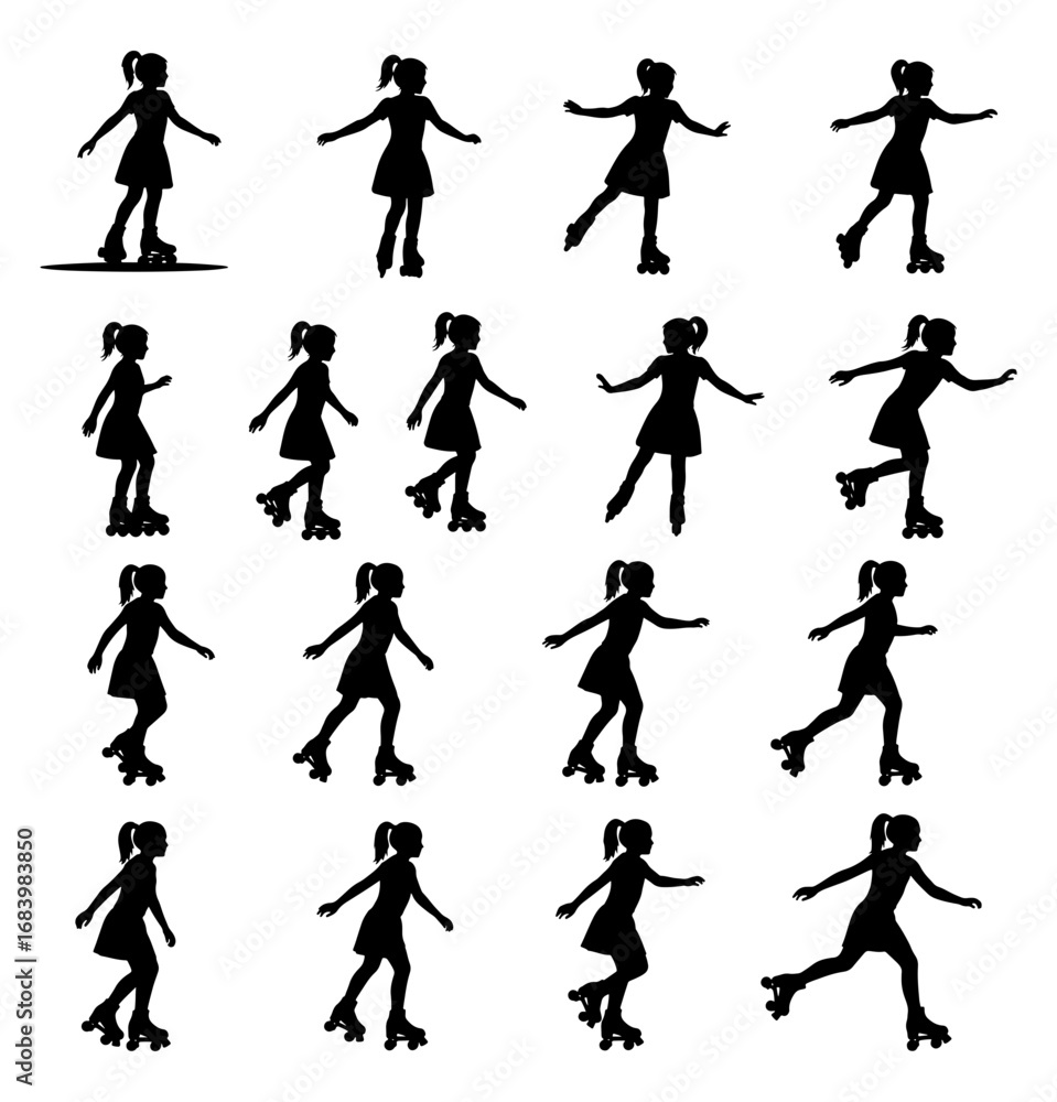 Fototapeta premium Vector art of set of roller skating girl silhouettes in various dynamic poses