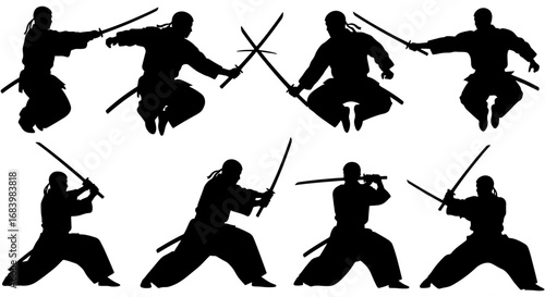 Vector art of group of ninja silhouettes in dynamic action poses with swords