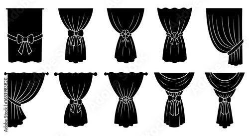 Vector art of set of black curtain silhouettes with various tiebacks and draping styles