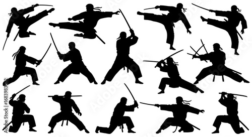 Vector art of collection of ninja silhouettes in various action poses with swords