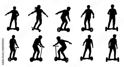 Vector art of silhouettes of people riding electric scooters and skateboards