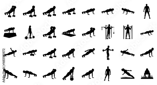 Vector art of collection of black fitness exercise silhouettes performing various workout movements