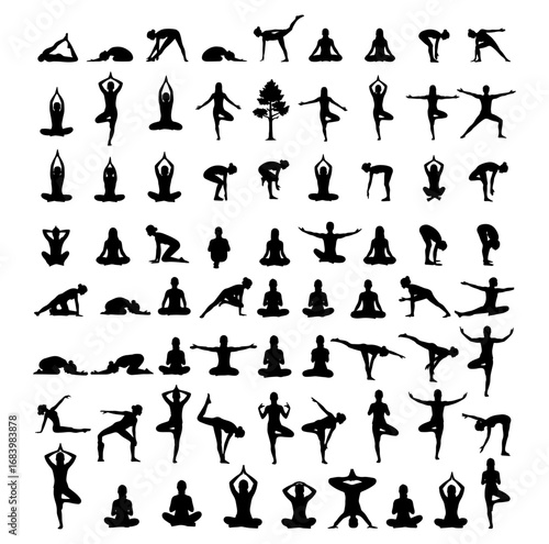 Vector art of collection of black yoga pose silhouettes representing various asanas and meditation positions