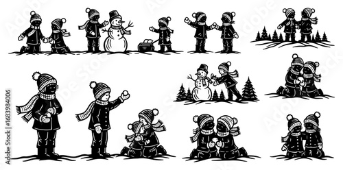 Vector art of diverse scenes of children engaging in various winter snow activities, including snowball fights and snowman building