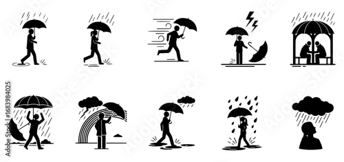 Vector art of collection of icons depicting people with umbrellas in various rain and weather situations