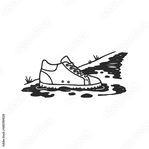 Black and white illustration of a sneaker in a puddle with grass