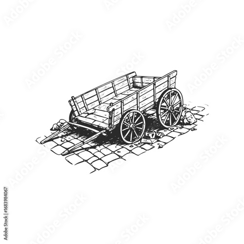 Vintage wooden cart on cobblestone path