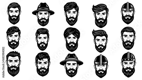 Vector art of collection of diverse bearded men portraits with different hairstyles and headwear