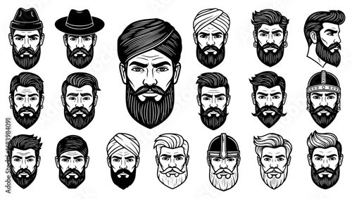 Vector art of collection of diverse bearded men portraits with different hairstyles and headwear