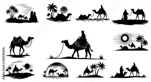 Vector art of desert caravan with camels and palm trees under a stylized sun
