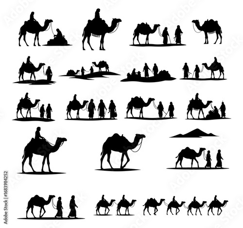 Vector art of silhouettes of camels and people in desert landscape