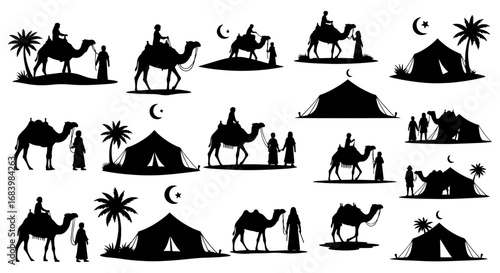 Vector art of collection of silhouette illustrations depicting camels, tents, palm trees, and people in a desert landscape