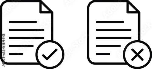 Document icons, approval and rejection, checklist symbol, black and white, vector illustration, verified file, denied form, status indicator, UI graphic