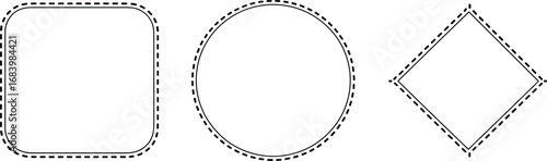 Geometric shapes, dashed outline, vector illustration, black and white, rounded square, circle icon, diamond symbol, minimal design, contour graphic