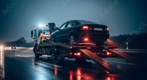A black car is being loaded onto a tow truck on a rainy highway at night, its tail lights reflecting on the wet road.