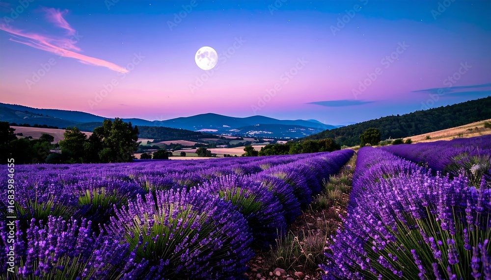 Naklejka premium Lavender field at dusk under a full moon