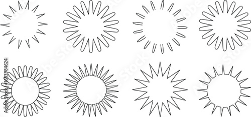 Sunburst icons, radial shapes, abstract design, black and white, vector illustration, spiked circle, flower symbol, graphic element, outline style
