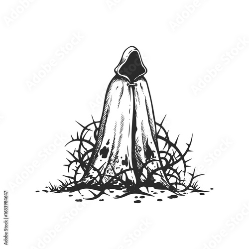 Cloaked figure in thorny brambles - mysterious hooded character illustration